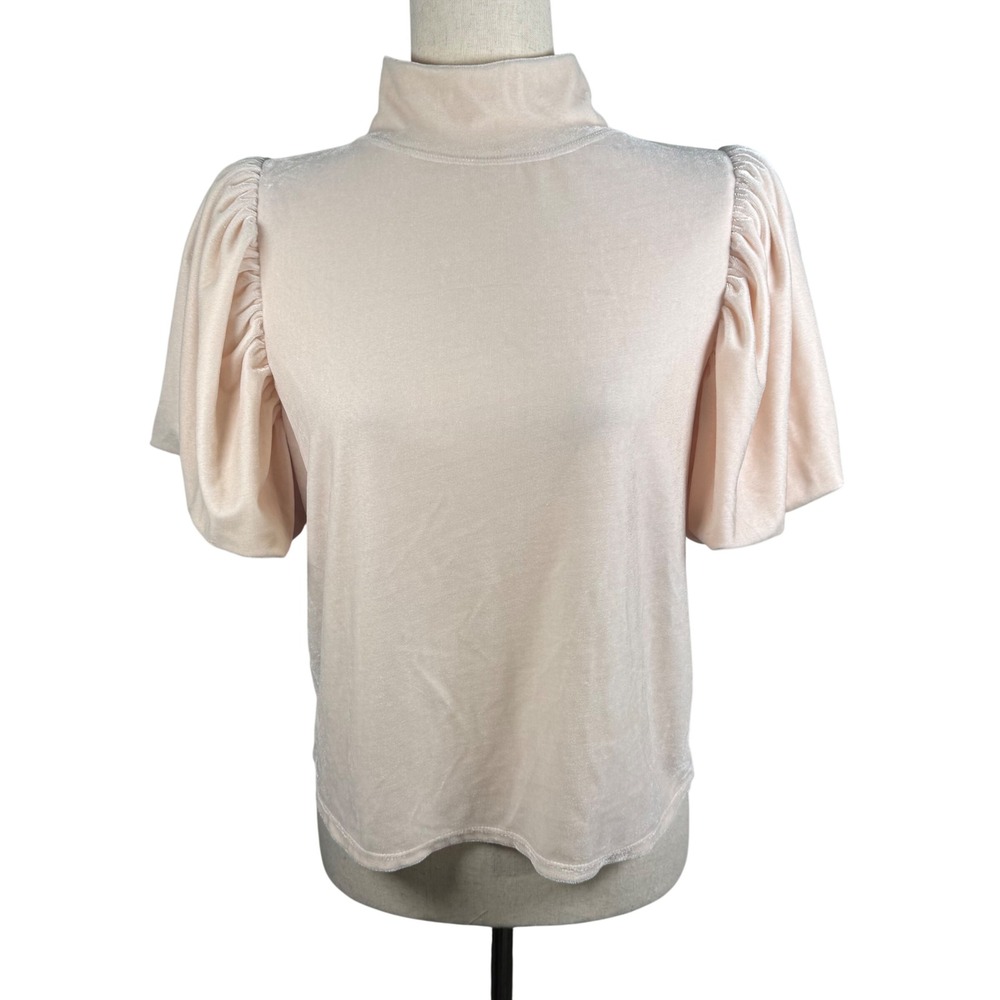 Free People Velvet Puff Sleeve Top Women Small Blush Pink Mock Neck Romantic Tee